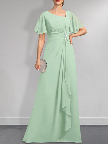 A-line Asymmetrical Floor-Length Chiffon Mother of the Bride Dress With Pleated Beading Sequins