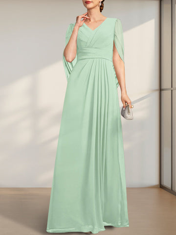 A-line V-Neck Floor-Length Chiffon Mother of the Bride Dress With Pleated