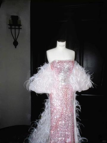 Robe de soirée sirène rose féérique sans bretelles, ornée de sequins et de plumes, fendue, modèle Y8660