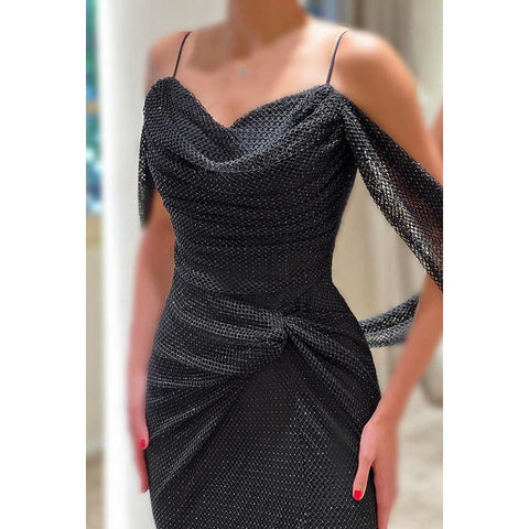 Robe de soirée de bal de fin d'année élégante, style sirène, à bretelles, manches courtes et fente