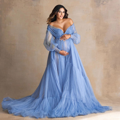 6117#Fluffy Blue Ruffle Tulle Maternity Dress for Photoshoot Off Shoulder Pregnancy Photography Dress Maternity Gown Robes with Sash