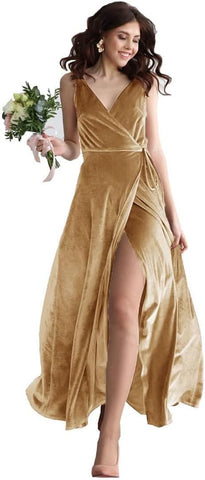 Vestido largo de dama de honor de terciopelo con escote en V, ideal para fiestas formales de graduación o eventos formales. Con abertura. 