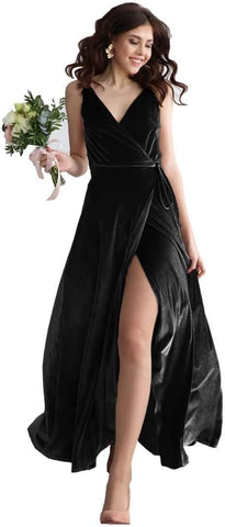 Vestido largo de dama de honor de terciopelo con escote en V, ideal para fiestas formales de graduación o eventos formales. Con abertura. 