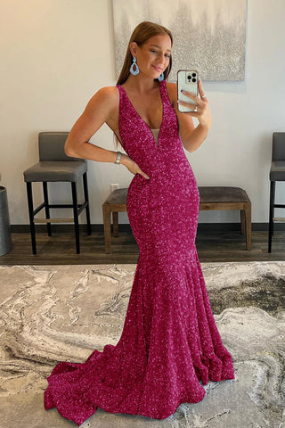 Robe de bal longue sirène rose à sequins et décolleté plongeant en V