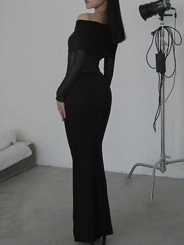 Long Sleeves Skinny Pleated See-Through Solid Color Split-Joint Off-The-Shoulder Evening Dresses Maxi Dresses