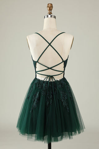 A Line Spaghetti Straps Tulle Short Homecoming Dress with Appliques