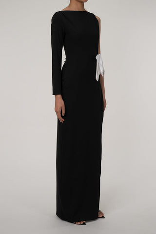 Robe de soirée maxi asymétrique à encolure bateau, découpe et grand nœud papillon - Noire 
