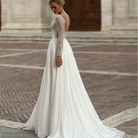 Modern Long Sleeve Wedding Dresses Simple Chiffon Lace Sequined Bridal Gowns Charming Backless A-Line vestidos de noiva