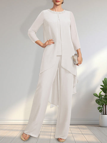 Separates Jumpsuit/Pantsuit Scoop Floor-Length Chiffon Mother of the Bride Dress With Sequins Beading