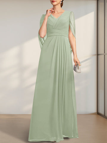 A-line V-Neck Floor-Length Chiffon Mother of the Bride Dress With Pleated