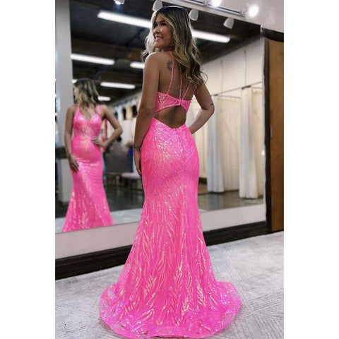 Robe de soirée sirène à paillettes et col en V, coupe trompette et bretelles ornées