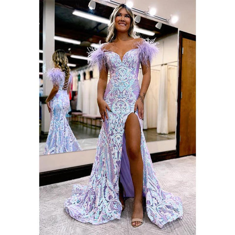 Vestido de fiesta largo de sirena con escote en V, lentejuelas, apliques y plumas, sexy, con abertura