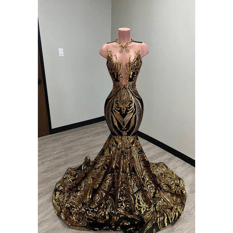 Vestido formal de noche de graduación con apliques de lentejuelas y encaje con escote en V y corte trompeta/sirena