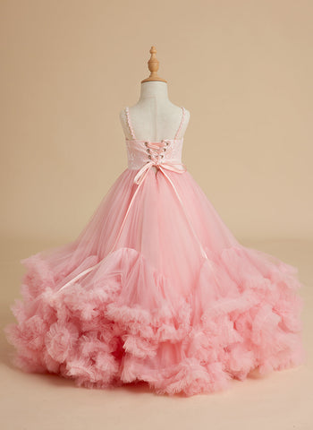 A-line Tulle Floor-length Pink Flower Girl Dress