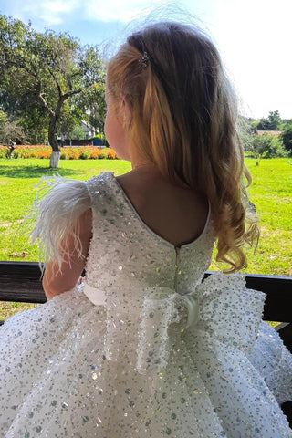 Lovely Sequins Cap Sleeve Flower Girl Dress With Feather