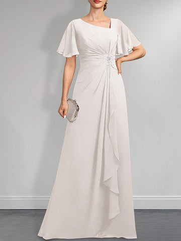 A-line Asymmetrical Floor-Length Chiffon Mother of the Bride Dress With Pleated Beading Sequins