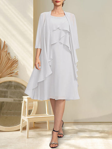 A-line Scoop Knee-Length Chiffon Mother of the Bride Dress With Beading