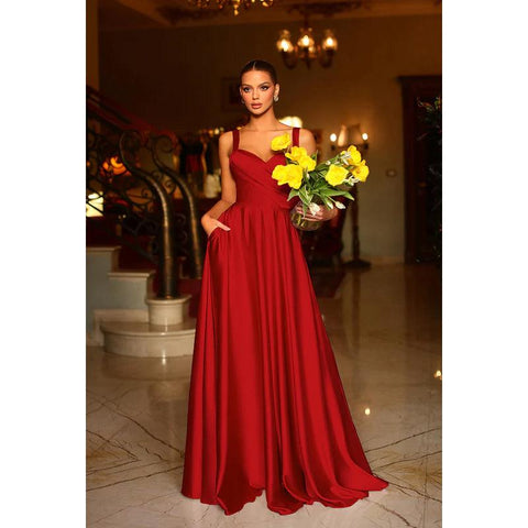 Vestido de noche largo de satén fruncido, sin mangas y con escote en V, corte A