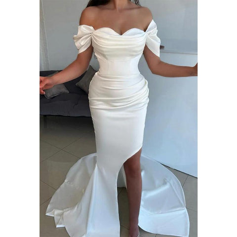 Vestido de noche formal de sirena con escote corazón, mangas cortas, satén plisado y falda desmontable