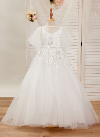 A-line Tulle Sweep Train Ivory First Communion Flower Girl Dress