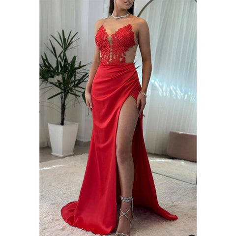 Vestido de noche para fiesta de graduación con escote en V, tirantes finos, apliques y abertura lateral 