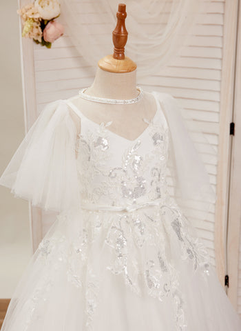 A-line Tulle Sweep Train Ivory First Communion Flower Girl Dress