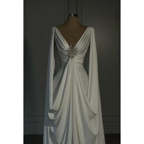 Robe de soirée élégante et luxueuse, coupe trapèze, col en V, manches longues, froncée