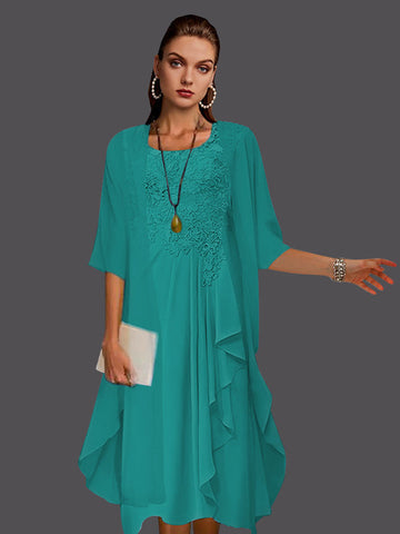 Two Piece A-Line Chiffon Lace Sleeveless Jacket Dresses with Pleats Appliques