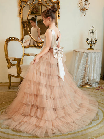 A-line Satin Tulle Sweep Train Champagne Dress (010225319)