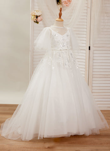 A-line Tulle Sweep Train Ivory First Communion Flower Girl Dress