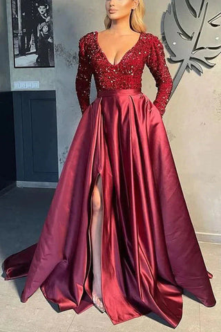Magnifique robe de bal en satin à sequins, manches longues et col en V 