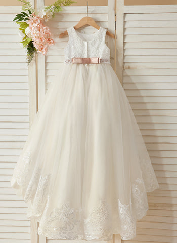 Ball-Gown/Princess Tulle Sweep Train Ivory  Flower Girl Dress