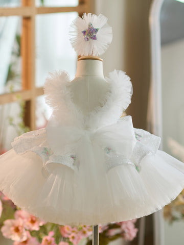 White Sequins Tulle Knee-length 1st Birthday Party Dress