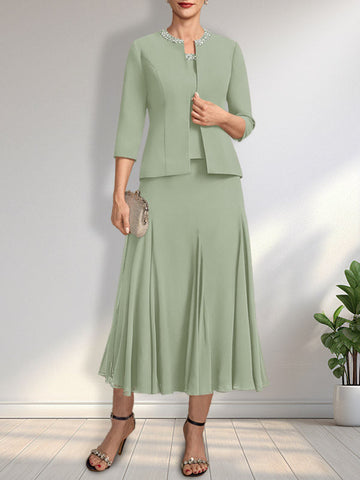 Separates A-line Scoop Tea-Length Chiffon Mother of the Bride Dress With Sequins Beading