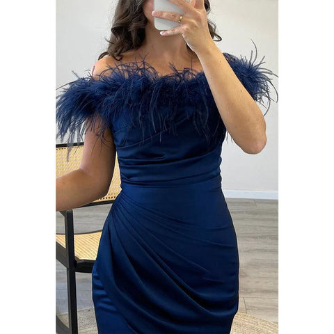 Sheath/column Off-shoulder Feather Saitn Long Prom Evening Dress