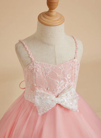 A-line Tulle Floor-length Pink Flower Girl Dress