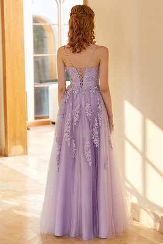 Charming A Line Spaghetti Straps Light Purple Long Prom Dress with Appliques