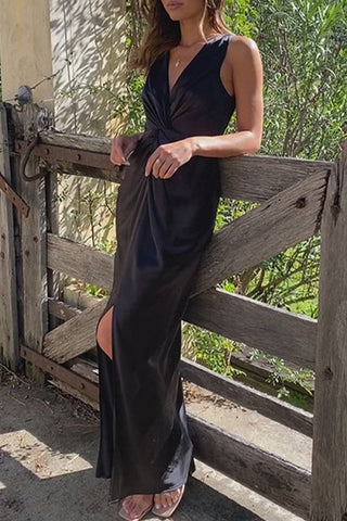 Vestidos de noche formales y sexys con escote en V y pliegue sólido.