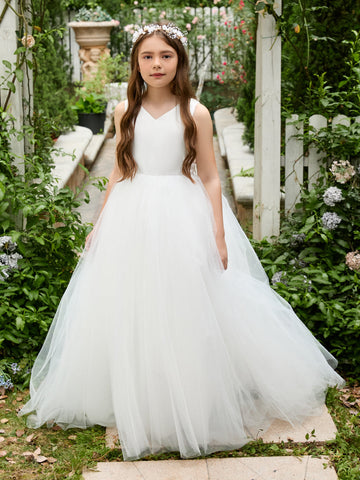 Classic White A-line Sleeveless Satin and Tulle Flower Girl Dress
