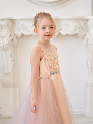 A-line Satin Tulle Sweep Train Champagne Dress (010226776)