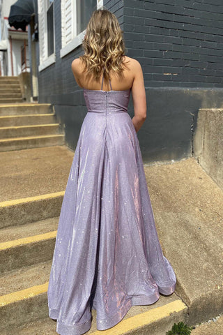 Robe de bal longue lilas à fines bretelles