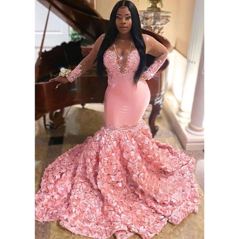 Vestido de fiesta africano de sirena con escote en V, apliques de encaje y mangas largas 