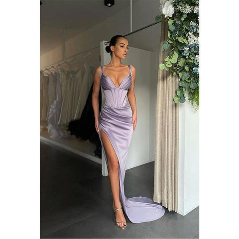 Vestidos de fiesta de sirena con escote en V, pliegues y abertura alta sexys 