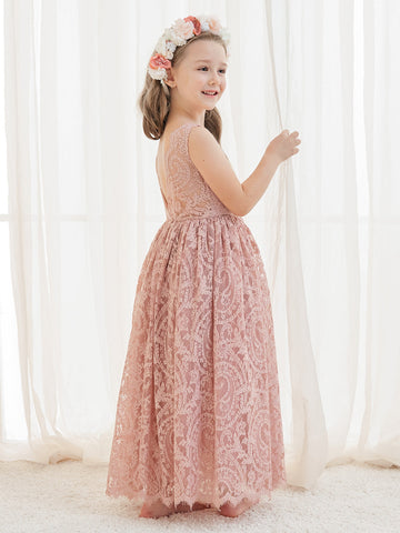 A-line Lace Ankle-length Ivory Boho Flower Girl Dress