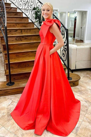 Robe de bal longue rouge asymétrique à une épaule, ornée d'un nœud papillon, modèle « Cadeau d'amour ».