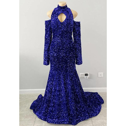 Robe de bal noire unique à col haut et manches longues, paillettes scintillantes, pour un look stylé 