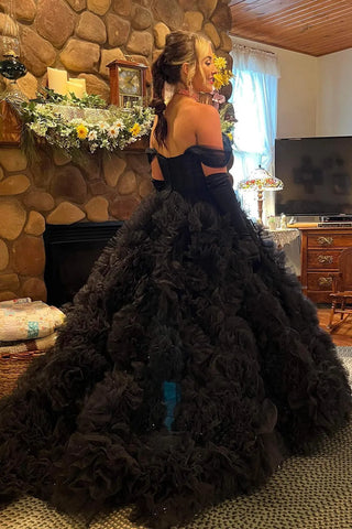 A Line Off the Shoulder Blue Corset Prom Dress with Ruffles