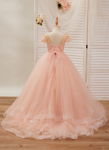 Ball-Gown/Princess Lace Tulle Sweep Train Pink Dress (2003226644)