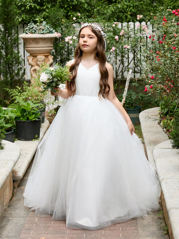 Classic White A-line Sleeveless Satin and Tulle Flower Girl Dress