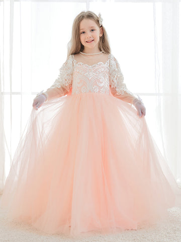 A-line Long Sleeves Lace Tulle Flower Girl Dresses Pink (2003227575)